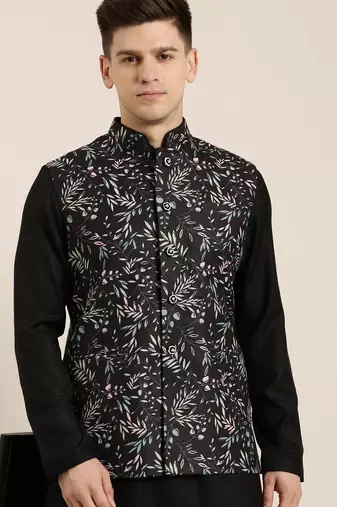 Black printed jacket kurta set