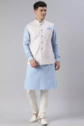Blue printed jacket kurta set