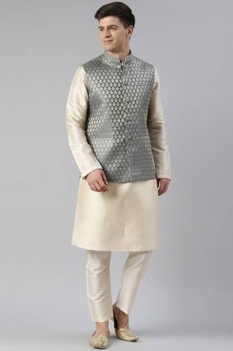 Grey banarasi jacquard jacket kurta set