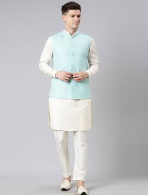 Light blue cotton jacquard jacket kurta set 2