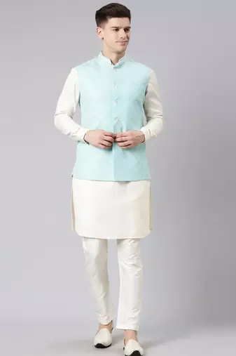 Light blue cotton jacquard jacket kurta set