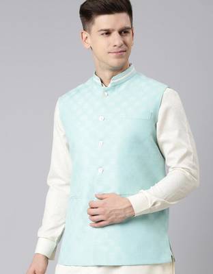 Light blue cotton jacquard jacket kurta set 4