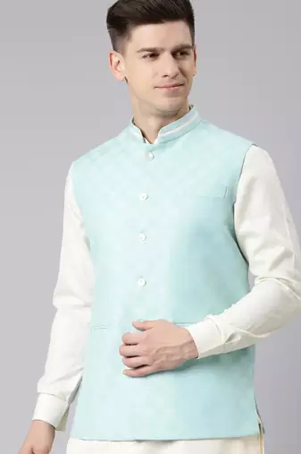 Light blue cotton jacquard jacket kurta set