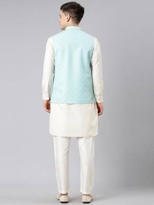 Light blue cotton jacquard jacket kurta set 5