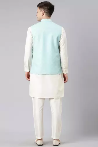 Light blue cotton jacquard jacket kurta set