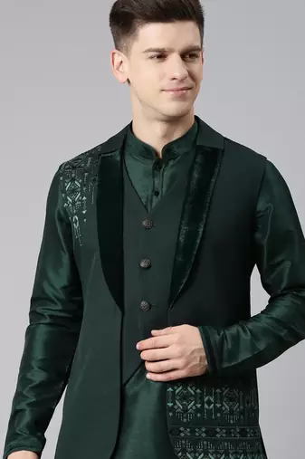 Green layered lapel style jacket kurta set