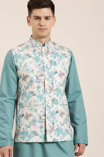 Teal Blue linen printed jacket kurta set