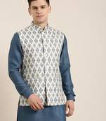 Blue linen printed jacket kurta set