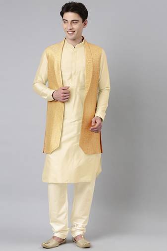 Gold printed lapel style jacket with beige gold kurta