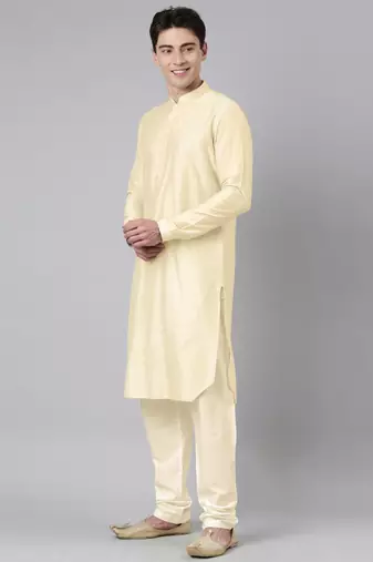 Gold printed lapel style jacket with beige gold kurta