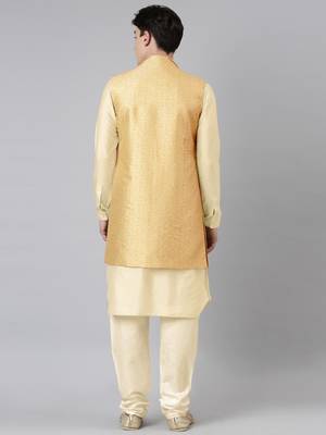 Gold printed lapel style jacket with beige gold kurta 5
