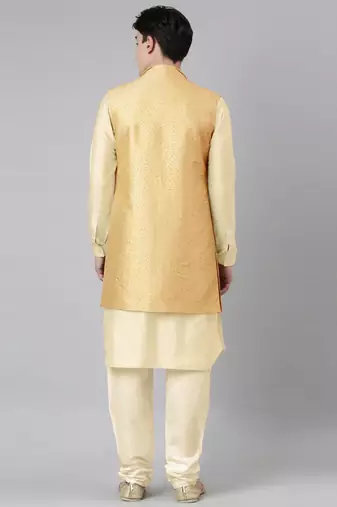 Gold printed lapel style jacket with beige gold kurta