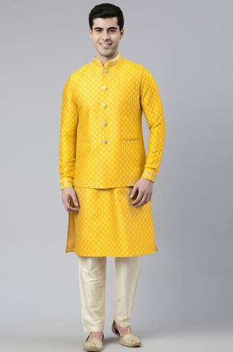 Yellow banarasi jacquard jacket and kurta set