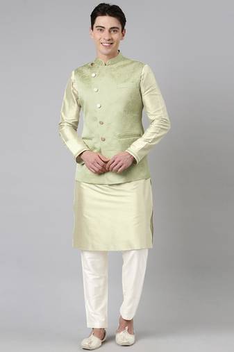 Green jacquard jacket with kurta set