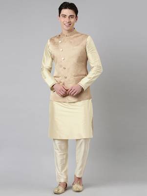 Beige jacquard jacket with kurta set 1