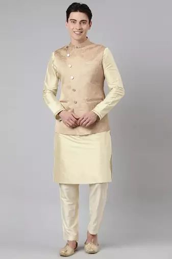Beige jacquard jacket with kurta set