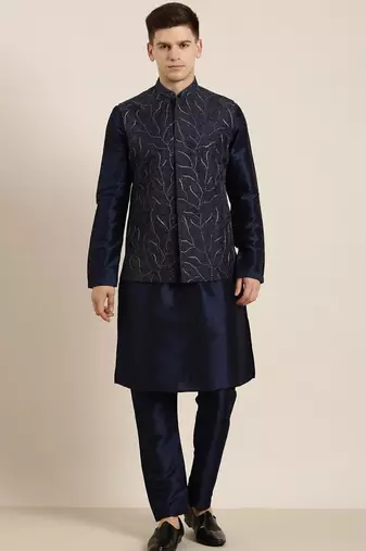 Navy embroidered jacket kurta set