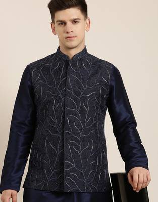 Navy embroidered jacket kurta set 4