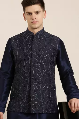 Navy embroidered jacket kurta set