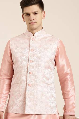 Peach jacquard jacket kurta set
