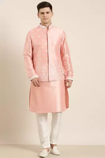 Peach embroiderd jacket kurta set