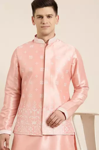 Peach embroiderd jacket kurta set