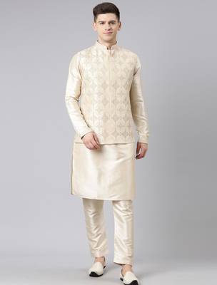 Beige dori embroidery jacket kurta set 1