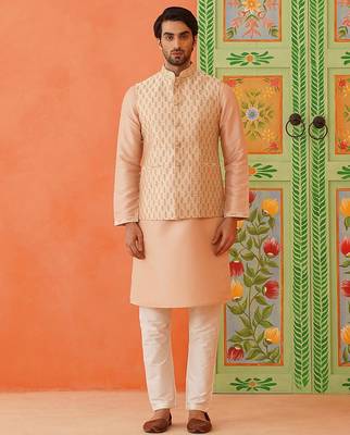 Peach jacquard printed jacket kurta set 1