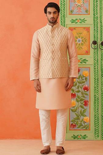 Peach jacquard printed jacket kurta set