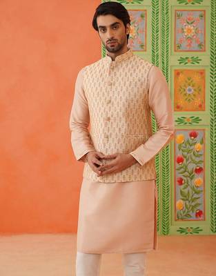 Peach jacquard printed jacket kurta set 2