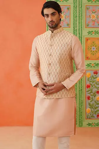 Peach jacquard printed jacket kurta set