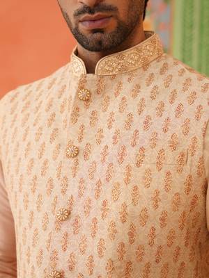 Peach jacquard printed jacket kurta set 3