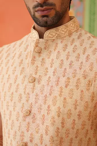 Peach jacquard printed jacket kurta set