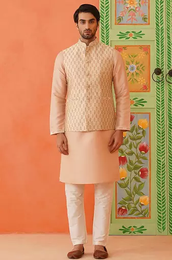 Peach jacquard printed jacket kurta set