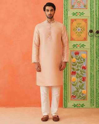 Peach jacquard printed jacket kurta set 5