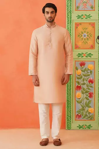 Peach jacquard printed jacket kurta set