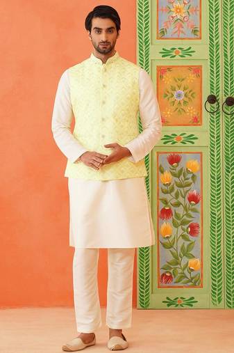 Lemon yellow chikankari jacket kurta set