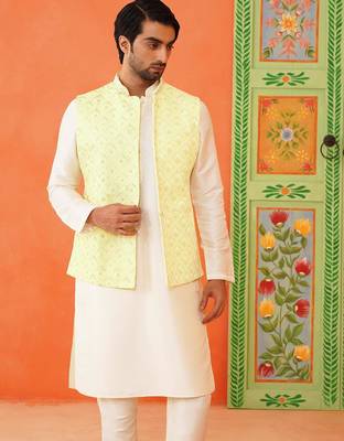 Lemon yellow chikankari jacket kurta set 2