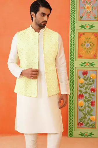 Lemon yellow chikankari jacket kurta set
