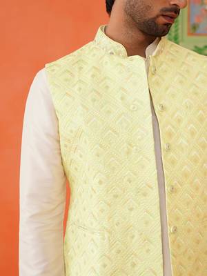 Lemon yellow chikankari jacket kurta set 3