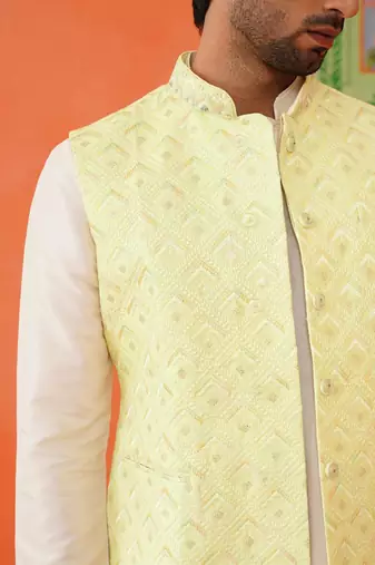 Lemon yellow chikankari jacket kurta set