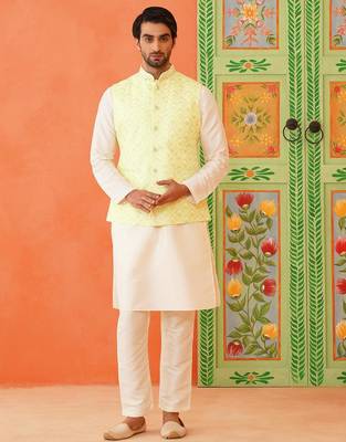 Lemon yellow chikankari jacket kurta set 4