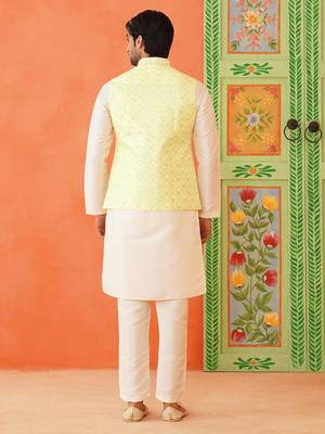 Lemon yellow chikankari jacket kurta set 5