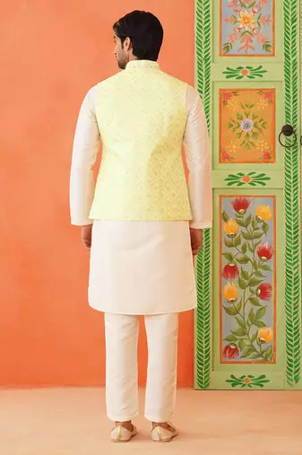 Lemon yellow chikankari jacket kurta set