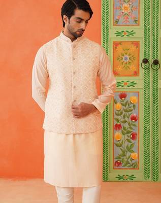 Peach chikankari jacket kurta set 2