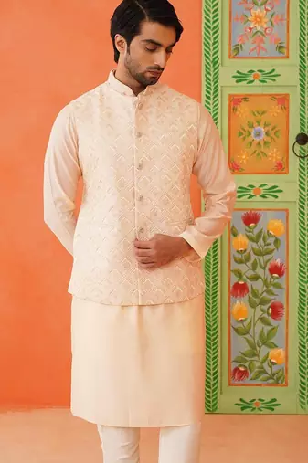 Peach chikankari jacket kurta set