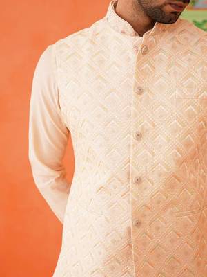Peach chikankari jacket kurta set 3