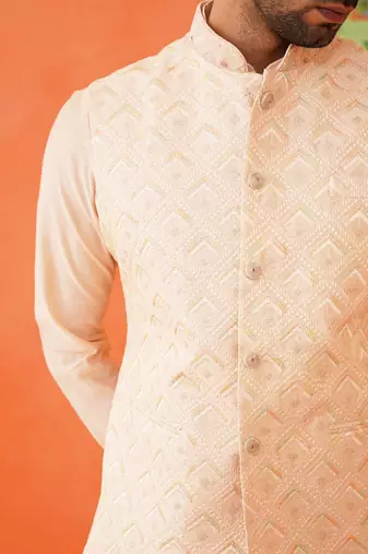 Peach chikankari jacket kurta set