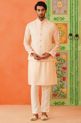 Peach chikankari jacket kurta set