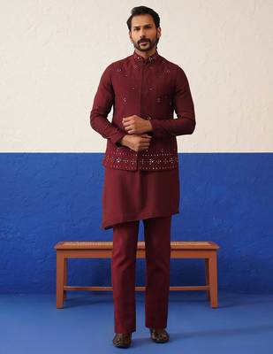 Maroon mirror embroidered jacket kurta set 1